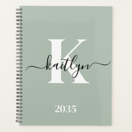Moderne saliegroene script monogram planner