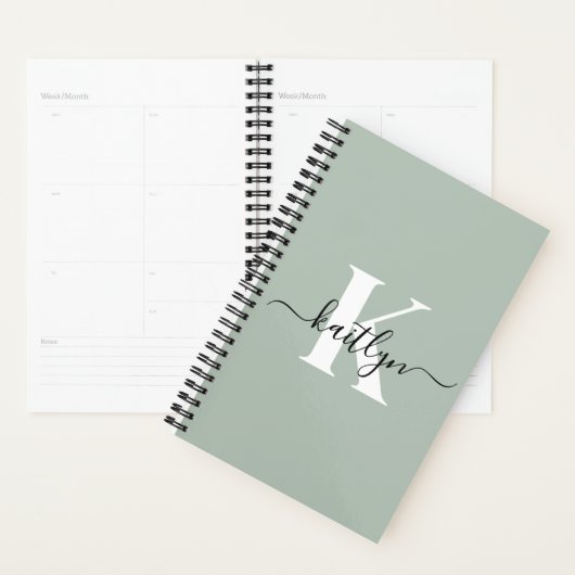 Moderne saliegroene script monogram planner (Display)