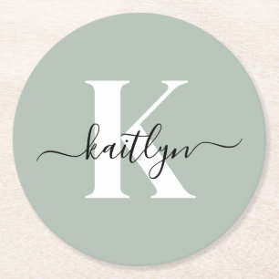 Moderne saliegroene script monogram ronde kartonnen onderzetter