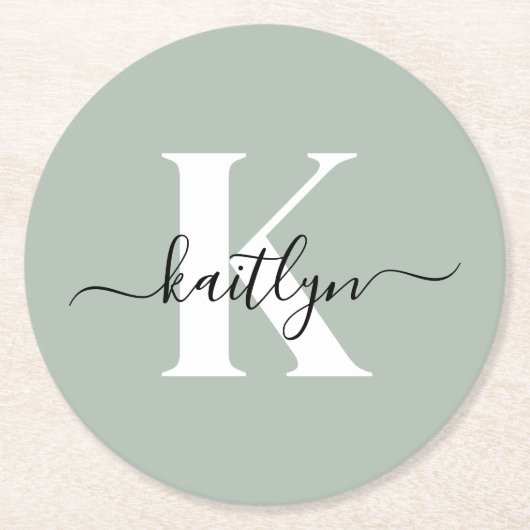 Moderne saliegroene script monogram ronde kartonnen onderzetter (Voorkant)