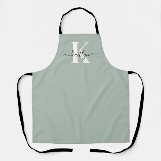 Moderne saliegroene script monogram schort (Voorkant)