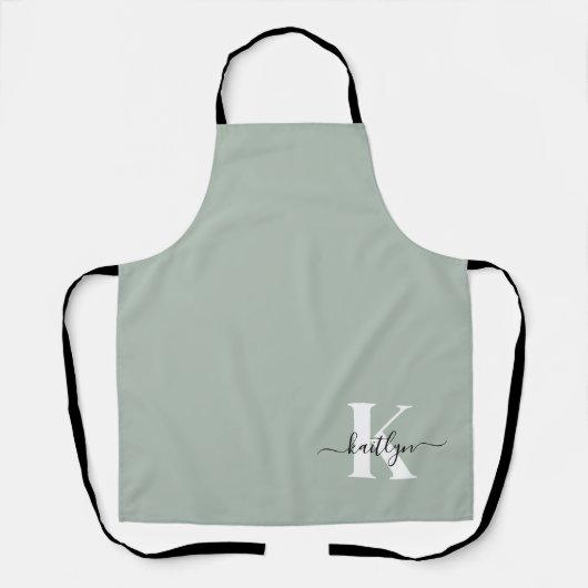 Moderne saliegroene script monogram schort (Voorkant)