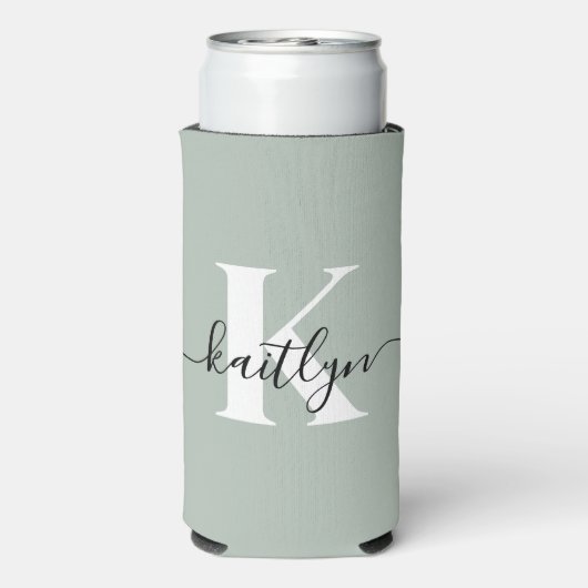 Moderne saliegroene script monogram seltzer blikjeskoeler (Seltzer Achterkant)