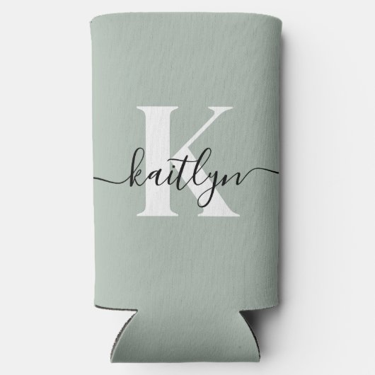 Moderne saliegroene script monogram seltzer blikjeskoeler (Achterkant)