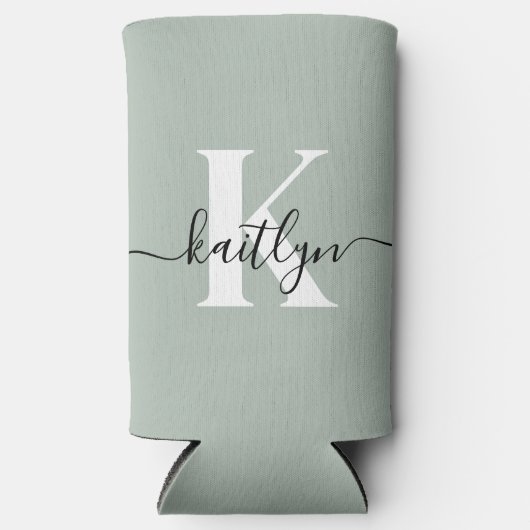 Moderne saliegroene script monogram seltzer blikjeskoeler (Voorkant)