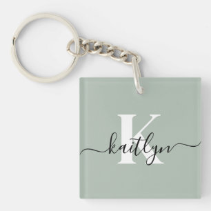 Moderne saliegroene script monogram sleutelhanger