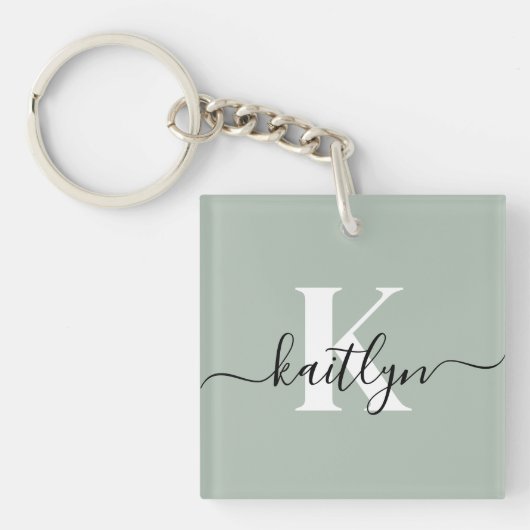 Moderne saliegroene script monogram sleutelhanger (Voorkant)