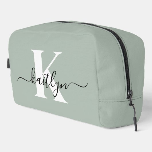 Moderne saliegroene script monogram toilettasje (Rechterhoek)