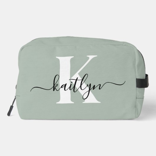 Moderne saliegroene script monogram toilettasje (Achterkant)