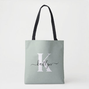Moderne saliegroene script monogram tote bag