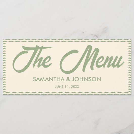 Moderne saliegroene streep bruiloft diner menu kaa (Voorkant)