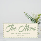 Moderne saliegroene streep bruiloft diner menu kaa (Staand voorkant)