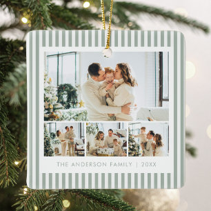 Moderne saliegroene strepen familie foto collage keramisch ornament
