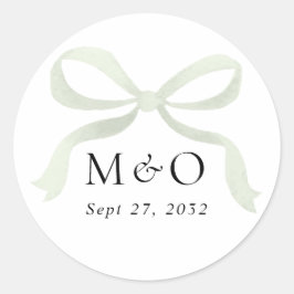 Moderne saliegroene strik waterverf monogram bruil ronde sticker