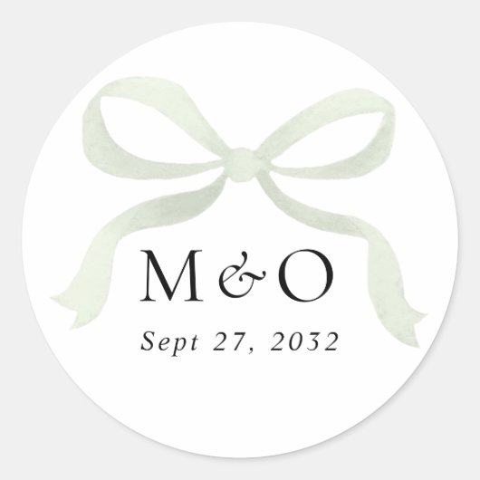 Moderne saliegroene strik waterverf monogram bruil ronde sticker (Voorkant)