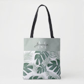 Moderne Saliegroene Tropische Blad Monogram Tote Bag (Voorkant)