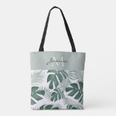 Moderne Saliegroene Tropische Blad Monogram Tote Bag (Achterkant)