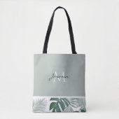 Moderne Saliegroene Tropische Blad Monogram Tote Bag (Voorkant)