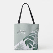 Moderne Saliegroene Tropische Blad Monogram Tote Bag (Achterkant)