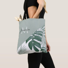 Moderne Saliegroene Tropische Blad Monogram Tote Bag