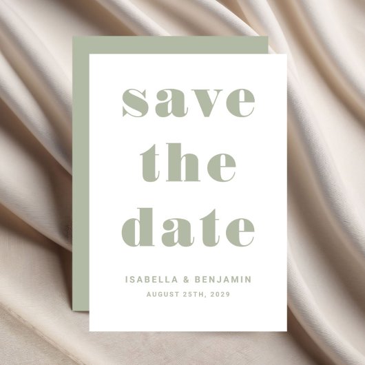 Moderne saliegroene typografie trouwdag save the date
