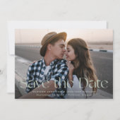 Moderne saliegroene vintage lettering foto save the date (Voorkant)
