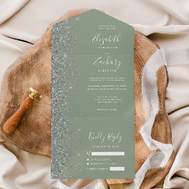 Moderne Saliegroene Zilveren Glitter Bruiloft All In One Uitnodiging
