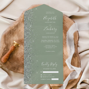 Moderne Saliegroene Zilveren Glitter Bruiloft All In One Uitnodiging