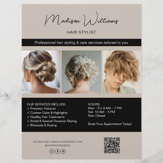 Moderne Salon Hair Stylist Services QR Flyer (Voorkant)