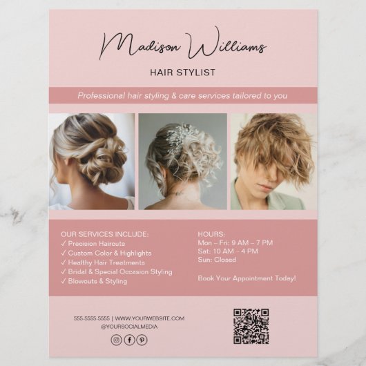 Moderne Salon Hair Stylist Services QR Pink Flyer (Voorkant)