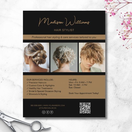 Moderne Salon Hair Stylist Services QR Zwart Goud Flyer