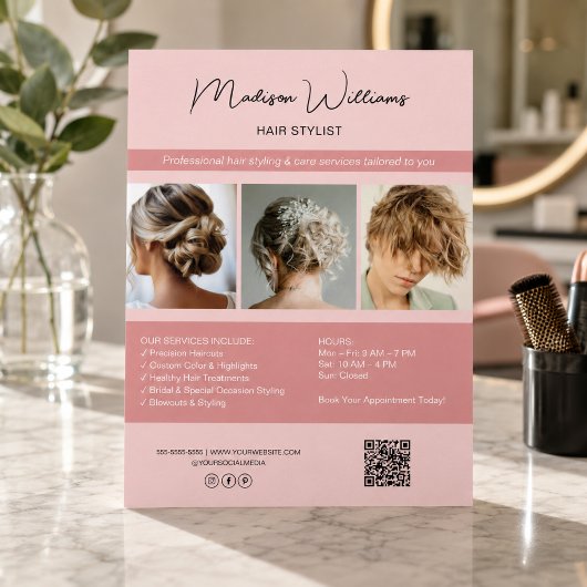 Moderne Salon Kapsalon Diensten QR Roze Flyer
