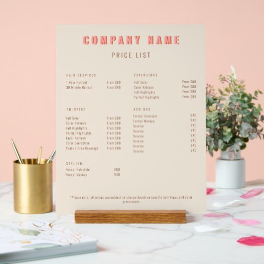 Moderne Salon prijslijst Elegant Roze Beige Acryl Bord (Huwelijk)