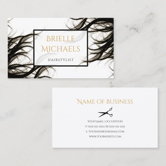 Moderne Salon Wavy Hair Zwart en Goud Haarstylist Visitekaartje (Voorkant / Achterkant)