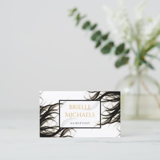 Moderne Salon Wavy Hair Zwart en Goud Haarstylist Visitekaartje (Staand voorkant)