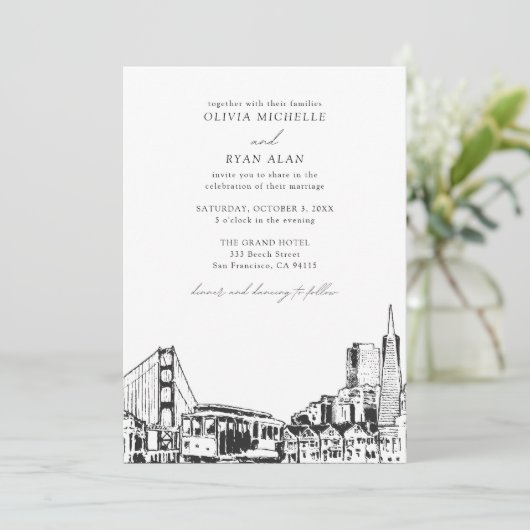 Moderne San Francisco bruiloft skyline zwart & wit Kaart (Staand voorkant)