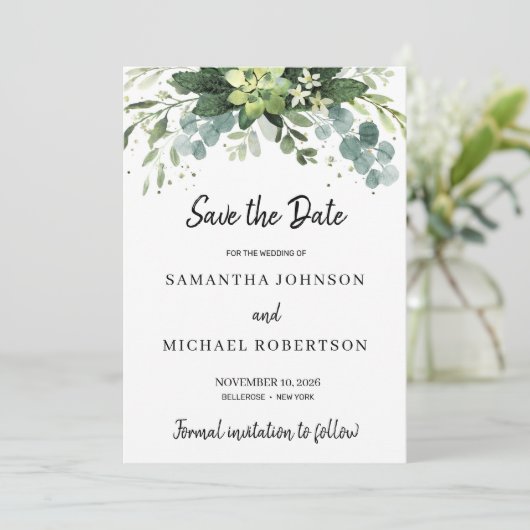 Moderne sappige blaadjes bloemenbewaar de datum kaart (Staand voorkant)