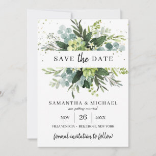 Moderne sappige bladeren bruiloft opslaan de datum save the date