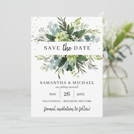 Moderne sappige bladeren bruiloft opslaan de datum save the date (Staand voorkant)