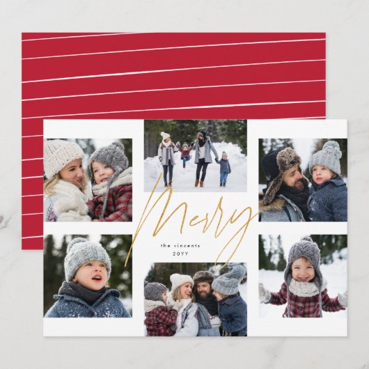 Moderne sappige faux gouden 6 foto's kerstcollage feestdagenkaart (Voorkant / Achterkant)