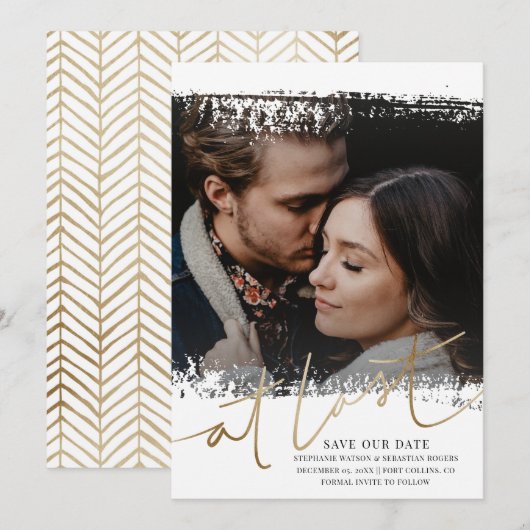 Moderne Save Our Date Foto Goud & Wit Kaart (Voorkant / Achterkant)