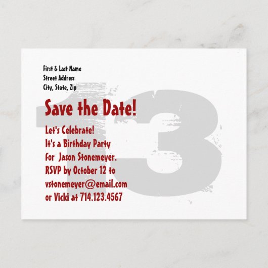 Moderne Save the Date 13e verjaardagsfeest V02A Aankondigingskaart (Achterkant)