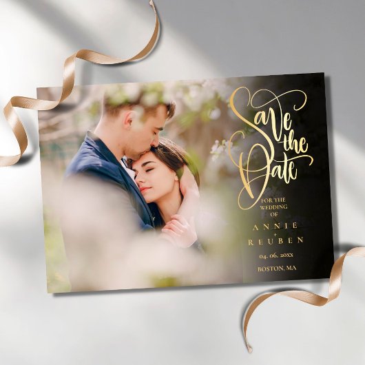 Moderne Save the Date Elegante Gouden Script Foto Magnetische Uitnodiging