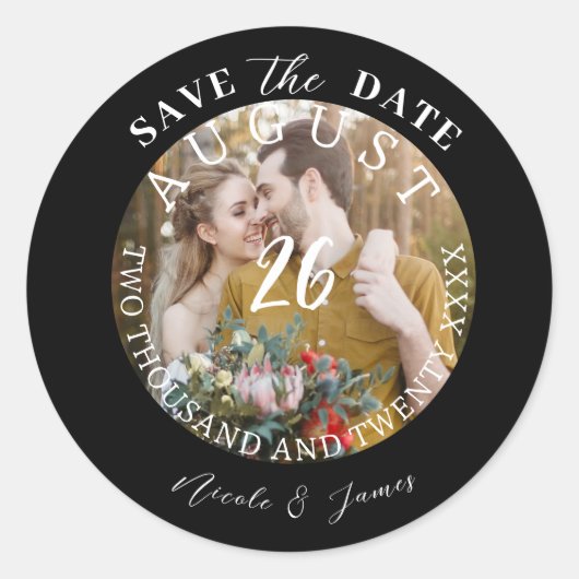 Moderne Save the Date Foto Afbeelding Huwelijk Ronde Sticker (Voorkant)