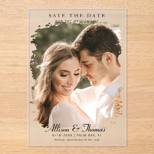 Moderne Save the Date Foto Chic bruiloft Acryl Uitnodigingen (Voorkant)