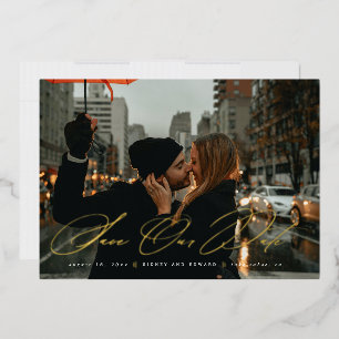 Moderne Save the Date Foto Trendy Script Folie Uitnodiging