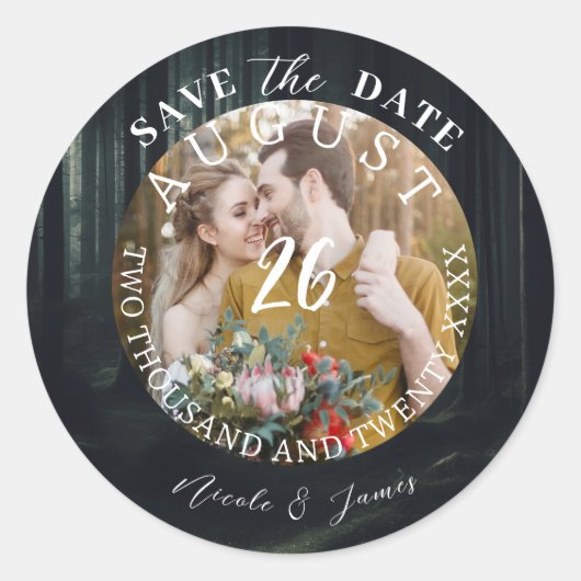 Moderne Save the Date Foto Wedding Afbeelding Ronde Sticker (Voorkant)