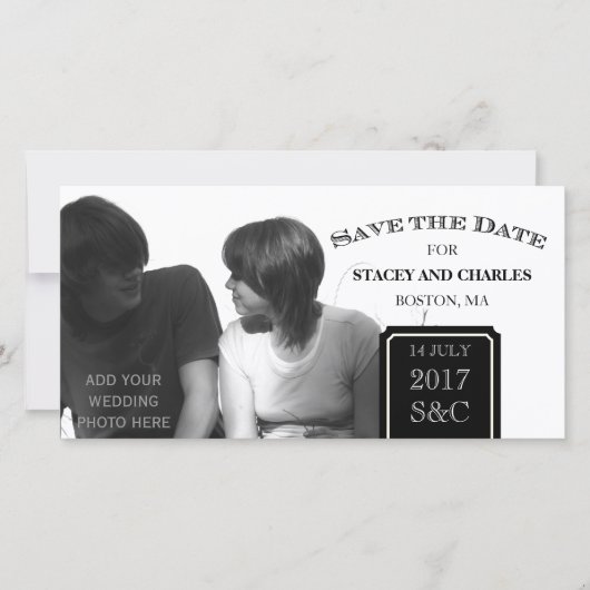 Moderne Save the Date fotokaarten zwart en wit (Voorkant)