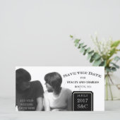 Moderne Save the Date fotokaarten zwart en wit (Staand voorkant)