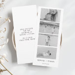 Moderne Save the Date Fotostrip<br><div class="desc">Deze elegante witte bruiloft save the date heeft een verfijnd ontwerp met een opvallende zwart-witte fotostrip, waardoor koppels drie gekoesterde afbeeldingen kunnen laten zien. Deze uitnodiging combineert perfect stijl en sentiment en fungeert als een prachtige save-the-date aankondiging, waarbij gasten worden uitgenodigd om te delen in de vreugde van de aanstaande...</div>
